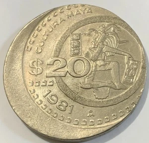 MEXICO 1981 20 PESOS CULTURA MAYA ERROR OFF CENTER BIG COIN - Picture 1 of 4