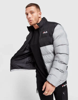 Mens Large Fila Jairo Puffer Jacket BNWT Full Zip Black Grey Half Colour New - Image 1 of 3