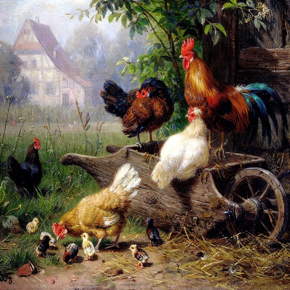 Tile Mural Farm Rooster Chickens Kitchen Bathroom Wall Backsplash Marble Ceramic - Image 1 of 1