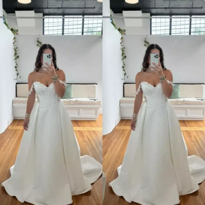 Wedding Dresses Lace Appliques Off Shoulder V Neck A Line Beach Bridal Gowns - Image 1 of 3