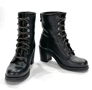 FRYE Karen Combat Black Leather Lace Up Chunky Heel Boots Size 7.5B - Picture 1 of 16