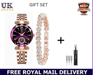 Womens Bracelet Watch Ladies Luxury Jewelry Steel Quartz Wristwatches Gift Set - Picture 1 of 7