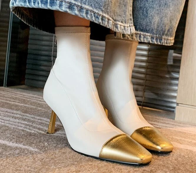 Botas de tornozelo elásticas femininas moda biqueira quadrada cor combinando gatinho salto médio - Imagem 1 de 4