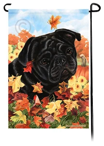 Falling Leaves Garden Flag - Black Pug - Picture 1 of 1
