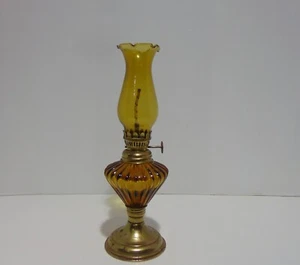 Amber Glass Small Oil Lamp With Amber Glass Chimney Made In Hong Kong - Picture 1 of 21