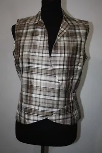 Gilet da donna marrone Ann Taylor taglia 6 a quadretti 100% seta avvolgente colletto - Foto 1 di 6
