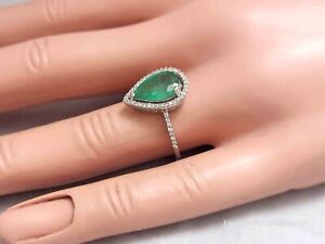 Genuine Natural Mined Emerald And Diamond Ring In 14K White Gold, Halo