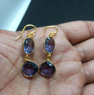 Pendientes colgantes de piedras preciosas de tanzanita enchapados en oro para fiesta para ella Foto 1 de 2