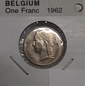 1962 Belgium 1 Franc "Dutch Text" Copper-Nickel Coin KM#143  UNC w/Toning - Picture 1 of 2