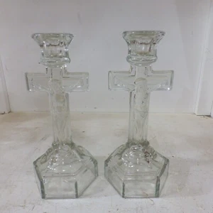 vintage pair of 9" crucifix glass candlesticks I.N.R.I. hexagonal base V G C - Picture 1 of 7