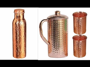 Reines Kupfer Handarbeit Kupfer Wasserkrug Krug gehämmert Topf mit 2 Glas 1 Flasche - Bild 1 von 3