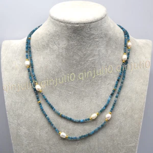 Natural 3mm Faceted Blue Apatite Gems & 6-7mm White Rice Pearl Necklace No Clasp - Picture 1 of 10