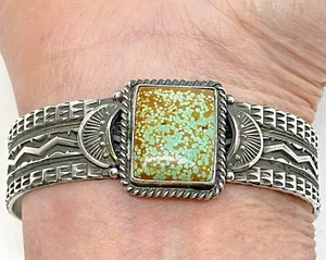 Navajo Number 8 Turquoise Bracelet 6.5" Sterling by Sunshine Reeves 38.6g Tooled - Imagen 1 de 8