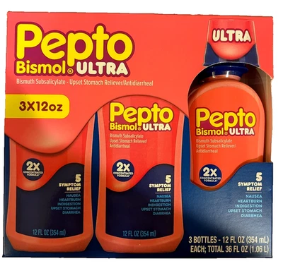 Pepto Bismol Ultra 5 Symptom Upset Stomach Digestive Relief 3 x 12Oz EXP 04/2027 - Image 1 of 4