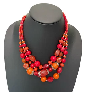 Modeschmuck Dreistrang Orange Perlen Halskette Karabinerverschluss 19" Vintage - Bild 1 von 8