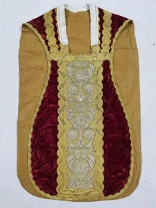 Antique French Sliver Metallic & Velvet Church Priest Vestment Chasuble 110x67cm - Picture 1 of 12