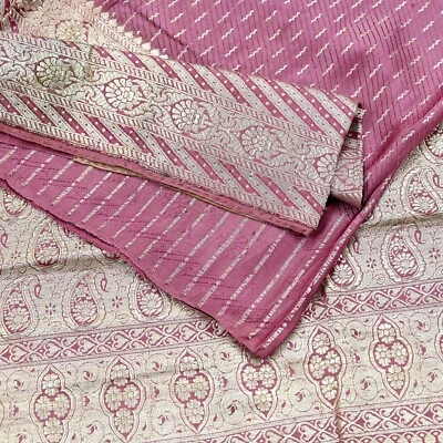 Saris banarasi tejidos de seda satinada pura pesada rosa sari indio vintage Zari 5 yardas Foto 1 de 4