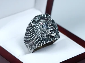 835 Silber - vintage Herren-Ring mit Löwen-Kopf - Rubine - Bild 1 von 7