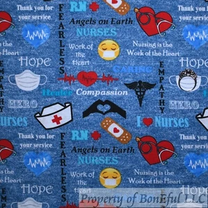 BonEful Fabric FQ Cotton Quilt Blue Red Heart Nurse RN Print Hero Word Heart EMS - Picture 1 of 12