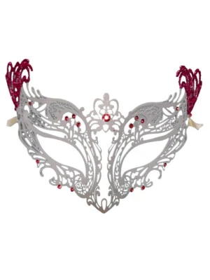 Royal White Pink Crystals Glittered Metal Laser Cut Filigree Mask - Image 1 of 2