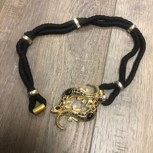 VINTAGE gold/schwarz mit Juwelen Eidechse Gürtelschnalle + elastischer geflochtener Gürtel - Bild 1 von 9
