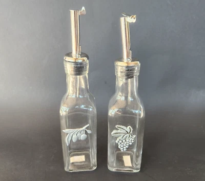 Olive Oil and Vinegar Cruets Glass with Pewter Metal Grapes & Olives Appliques - Image 1 of 4