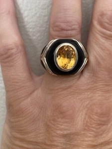 Anillo grande de plata 925 de ónix negro e incrustaciones de citrino ovalado genuino talla 7 - Imagen 1 de 6