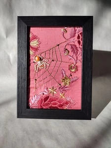 Original Beaded Real Pearl Spider On Golden Web 5" X 7" Framed Art On Silk - Picture 1 of 3