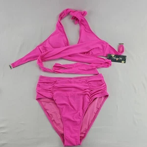 Womens Tummy Control Bathing Suits Modest High Waisted Bikini 2 Piece Pink Sz M - Picture 1 of 13