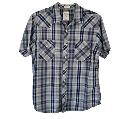 Fossil Vintage Fit Blue Grey Plaid Short Sleeve Pearl Snap Shirt Men's Lg EUC - Image 1 of 4