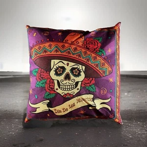 DAY OF THE DEAD Pillow 17X 17 Purple Handmade Dia De Los Muertos Cushion Decor - Picture 1 of 2