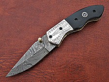 7.5 in Custom Damascus Folding Knife with Bull horn handle Engraved Bolster