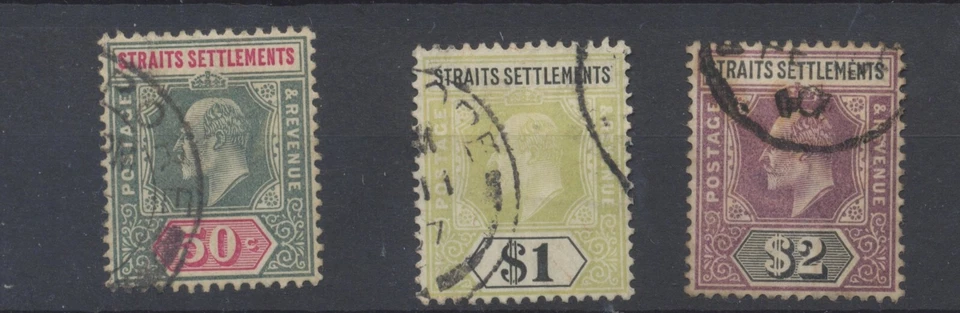 Estampillas de asentamientos del estrecho 1902-1904 50c, $1, $2 SG118a; 119;120 CV £229 usadas Foto 1 de 2