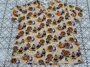 Scrubs Life Large Turkey Pilgrims Scrub Top Thanksgiving - Picture 1 of 11