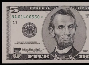 $5 1999 GEM CU Star Federal Reserve Note BA01400560* five dollar, Boston A1 - Picture 1 of 3