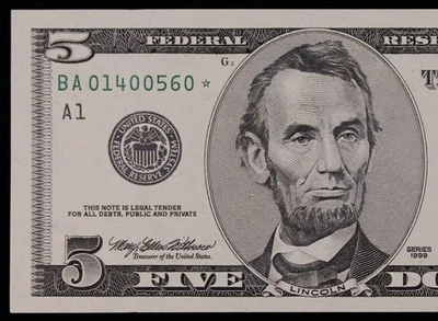 $5 1999 GEM CU Star Federal Reserve Note BA01400560* five dollar, Boston A1 - Image 1 of 3