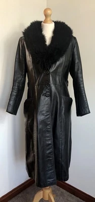 Abrigo largo Penny Lane de cuero real vintage con cuello de piel de oveja talla 10-12 Foto 1 de 4