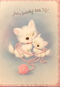 Tarjeta vintage Think Of You adorable gato blanco con gatito atado en hilo rosa púrpura - Imagen 1 de 4