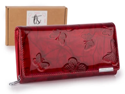 JENNIFER JONES Damen Geldbörse Portemonnaie Rot Lackiert Leder Querformat RFID Schmetterling