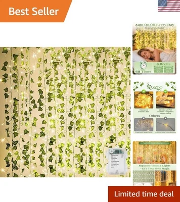 Paquete de 12 guirnalda de hiedra artificial 84 pies con 80 luces LED blancas cálidas - impermeable Foto 1 de 4