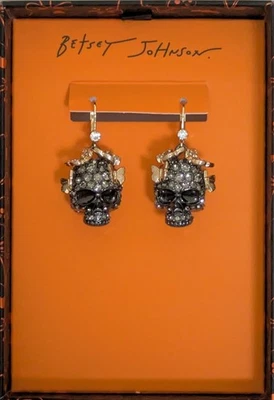 Pendientes colgantes Betsey Johnson Halloween pavé carbón calavera oro mariposa con GB Foto 1 de 4
