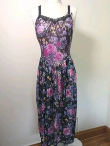 Vintage FeatherBed NY Dark Floral Night Gown One Size Lace/Satin Romantic - Picture 1 of 8
