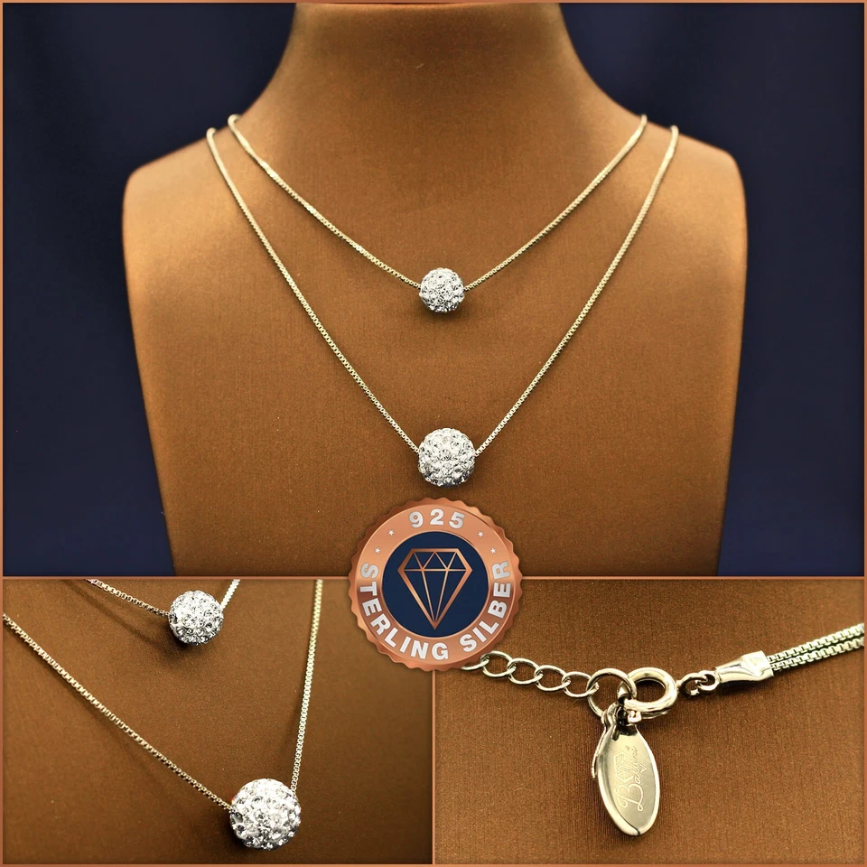 Doppel-Kugel-Halskette Kristall 925 Sterlingsilber + Etui, Weihnachtsgeschenk - Bild 1 von 4