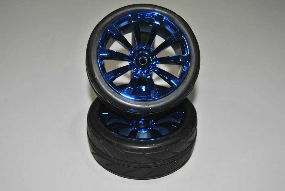 010C005B Coppia Ruote Complete Cerchio Cromato Blu 1/10 Himoto TYRE WHEELS HIMO - Immagine 1 di 1