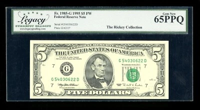 DBR 1995 $5 FRN Chicago Fr. 1985-G Gem Legacy 65 PPQ Serial G54030622D - Image 1 of 2