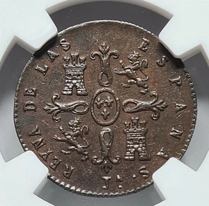 SPAIN 2 Maravedis 1849 JA NGC AU 55 BN UNC Queen Isabel II Lion Castle Copper - Picture 1 of 7