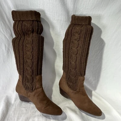 Brown Sweater Knee High Boots Cable Knit Suede Wedge Vintage 80s Markon Ladies 8 - Image 1 of 4