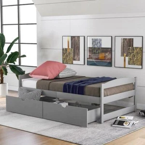 Twin Size Platform Storage Bed Wood Bed Frame with Two Drawer and Headboard Gray - Picture 1 of 12