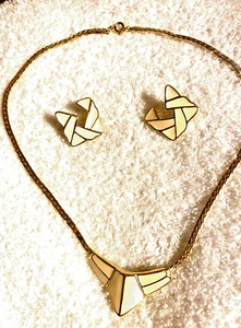 Vintage Gold Tone Trifari Necklace and Earring Set With Cream Enamel Design - Picture 1 of 3