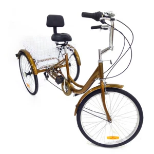 24" 6 Speed Adult Tricycle 3Wheel Trike Cruiser Bike w/Basket for Shopping Gold - Picture 1 of 11